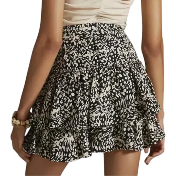 Maeve by Anthropologie Linen Blend Black Cream Print Tiered Mini Skirt - Picture 3 of 13